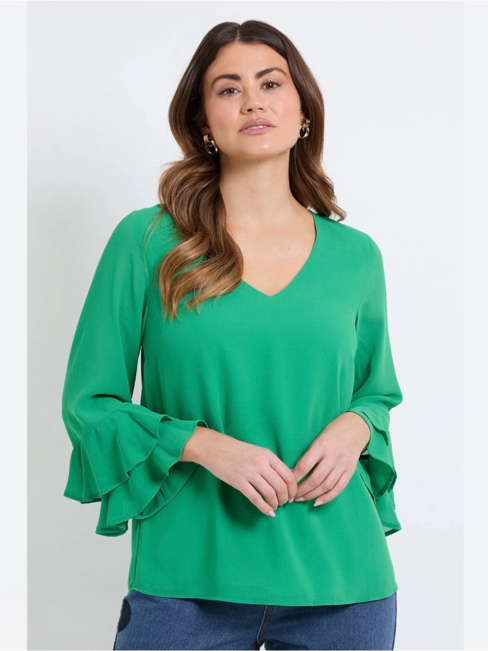 fab'rik Emerald Green V-Neck Ruffle Sleeve Top